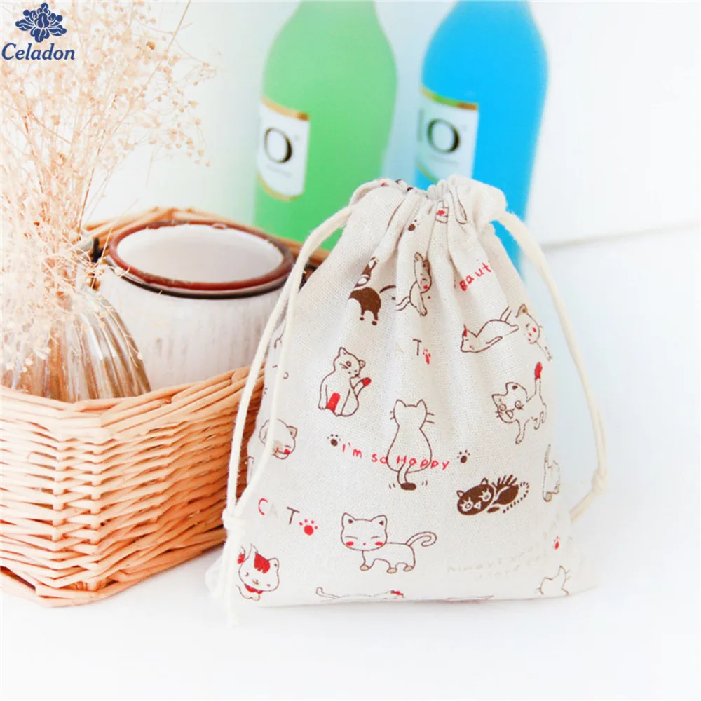 

New Arrival 1Pcs Cute Cat Printed Burlap Hessia Gift Candy Bags Drawstring Vintage Wedding Party Favor Pouch Jute Gift Bags