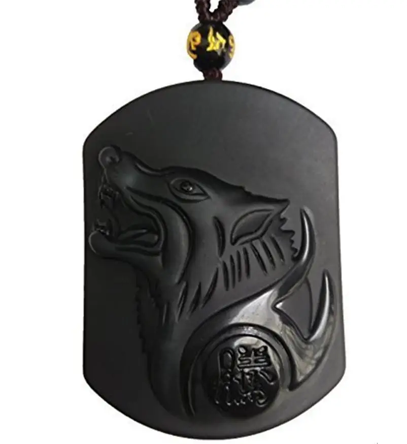 

Wholesale 5pcs/lot Natural Black Obsidian Howling Wolf Head Pendant Men's Amulet Lucky Jades Jewelry Pendants+Beads Necklace