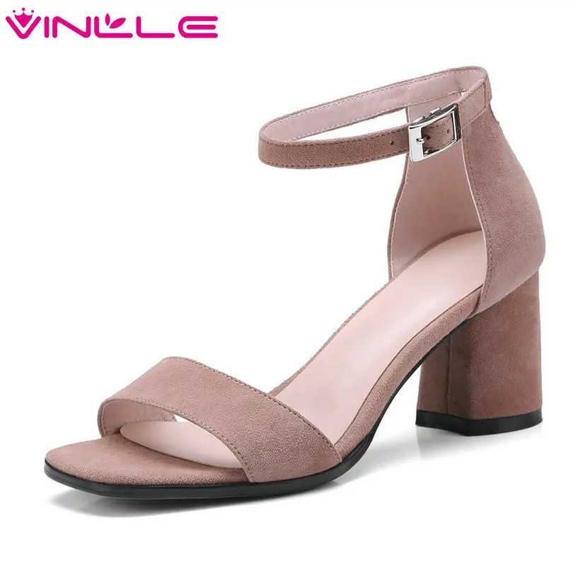 

VINLLE 2018 Summer Women Sandals Shoes Woman Kid Suede Square High Heel Black Pink Ladies Wedding Shoes Size 34-42