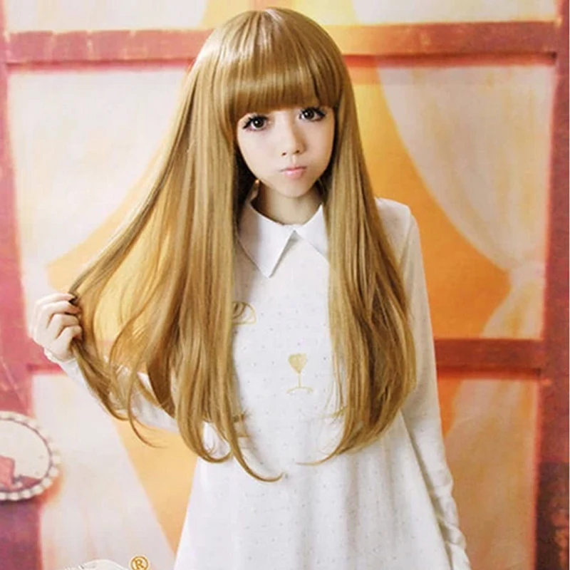 

Fashion Beauty Girl 65cm Blonde Long Flat Bangs Synthetic Hair Cosplay Full Wigs Halloween Costume Party Wigs + Free Wig Cap
