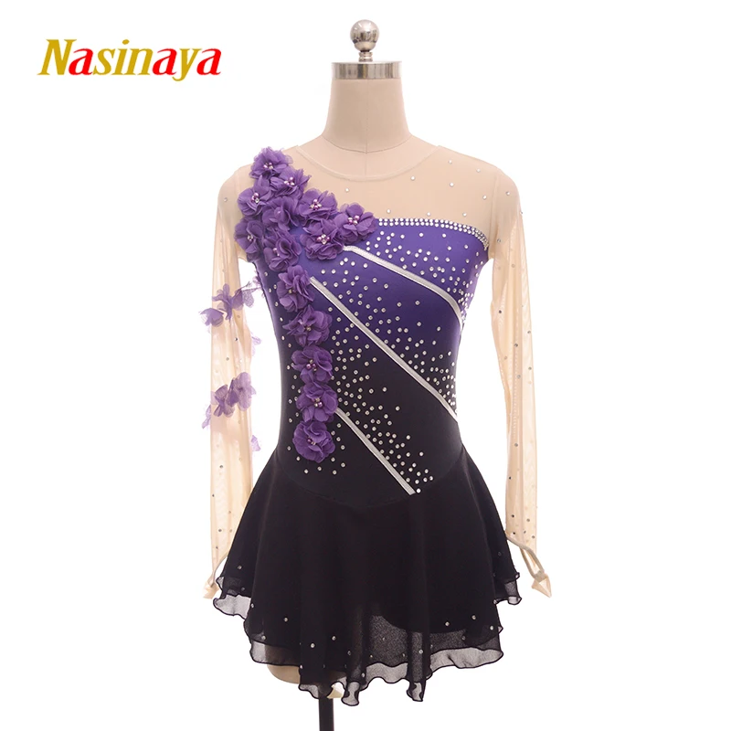 

customized ice figure skating dress rhythmic gymnastics adult child girl show skirt competition purple rhinestone long sleeve