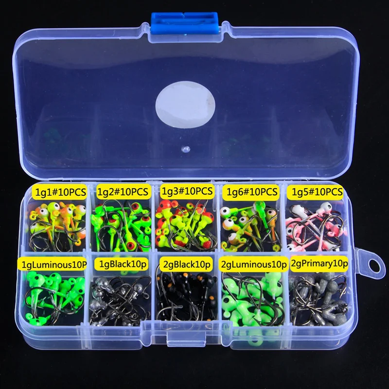 Tanie 100 sztuk pudło 1g 2g Multicolor główka ołowiowa z pojedynczy haczyk Pesca akcesoria akcesoria wędkarskie haki