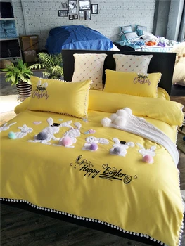

Luxury Egyptian cotton Lovely Cartoon Bedding Set Queen 4pcs Bed sheet set Duvet cover Pillowcases yellow white