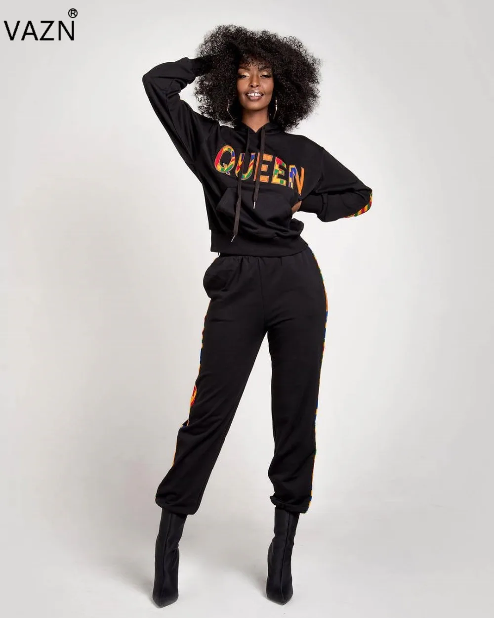 

VAZN Autumn 2019 New Hot Casual Brand Fashion 2 Piece Set Letter Hoode Full Sleeve Long Pants Lady Bodycon Tracksuit Set LSL6211