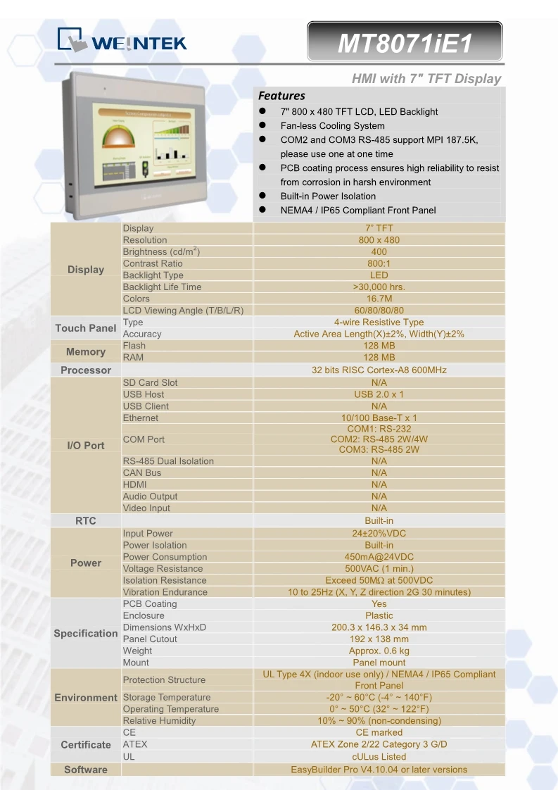 WEINVIEW/WEINTEK MT8071iE HMI сенсорный экран 7 дюймов TFT lcd USB Ethernet интерфейс человека машина дисплей Замена MT8070iE