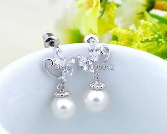 Free shipping!!!Brass Drop Earring Love with Freshwater Pearl Round platinum plated cubic zirconia nickel | Украшения и