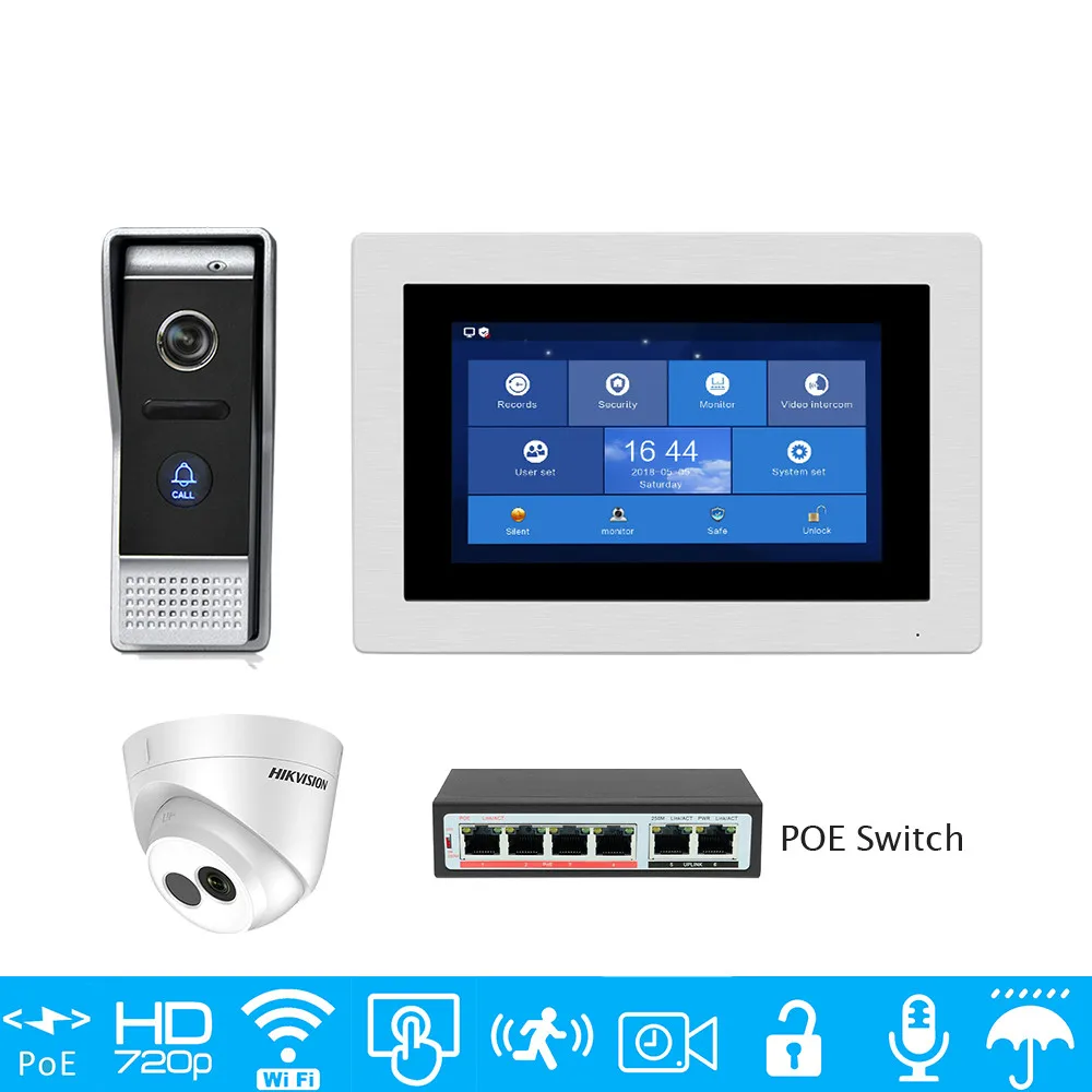 

Free Shipping POE 720P AHD WIFI IP 7" Touch Screen Video Intercom Door Phone Record POE IP Dome Camera Kit Phone Remote Monitor