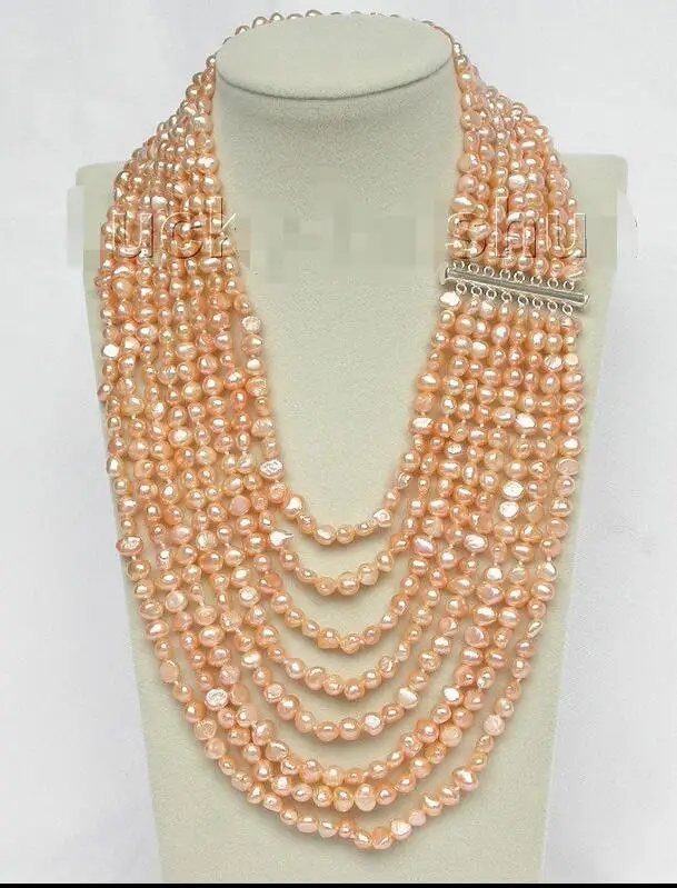 

Free Shipping >>> 17"-24" 8row baroque pink pearls necklace 925 silver clasp j8757