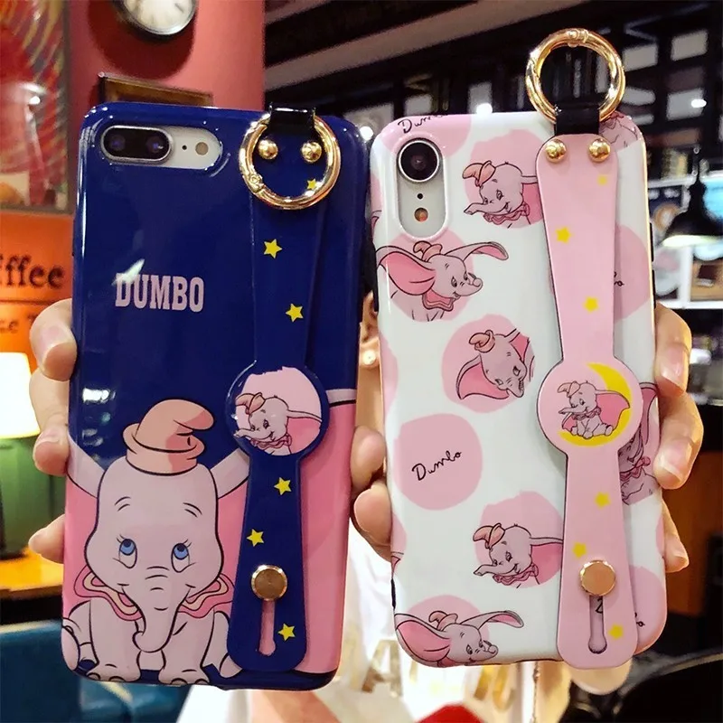 

Cute Dumbo Case for iPhone 7 8 6S 6 Plus Lovely Cartoon Luxury Phone Stand Wrist Strap Cover for iPhone X XR XS Max Case Coque