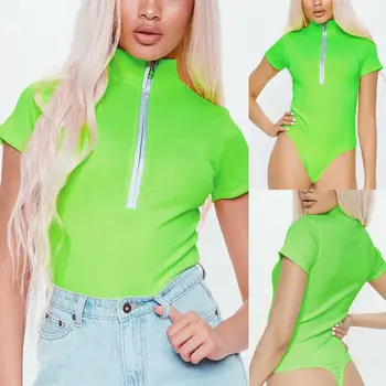 

Hirigin Womens Casual Short Sleeve Shirt Jumpsuit Bodysuit Zipper High Collar Stretch Leotard Tops