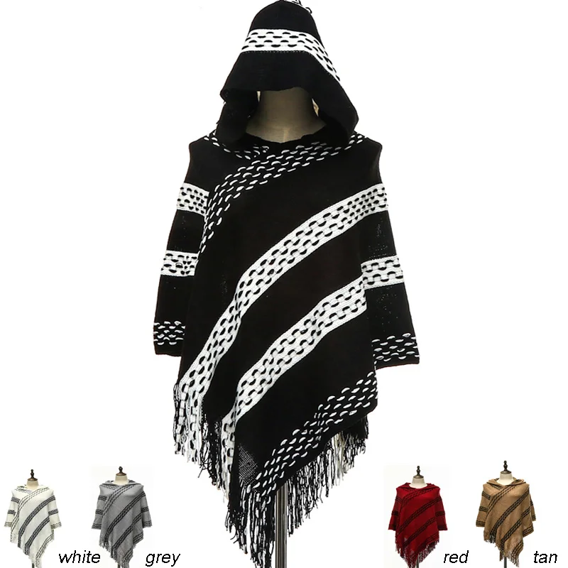 

New arrival Women Hooded Shawl Autumn Winter knitted tassel ponchos High grade acrylic soft warm Hoodies shawls