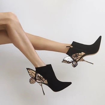 

2019 Newest Pointed Toe High Heel Botos Woman Sexy Wings Decorations Thin Heels Ankle Boots Fashion Leather Riding Boots
