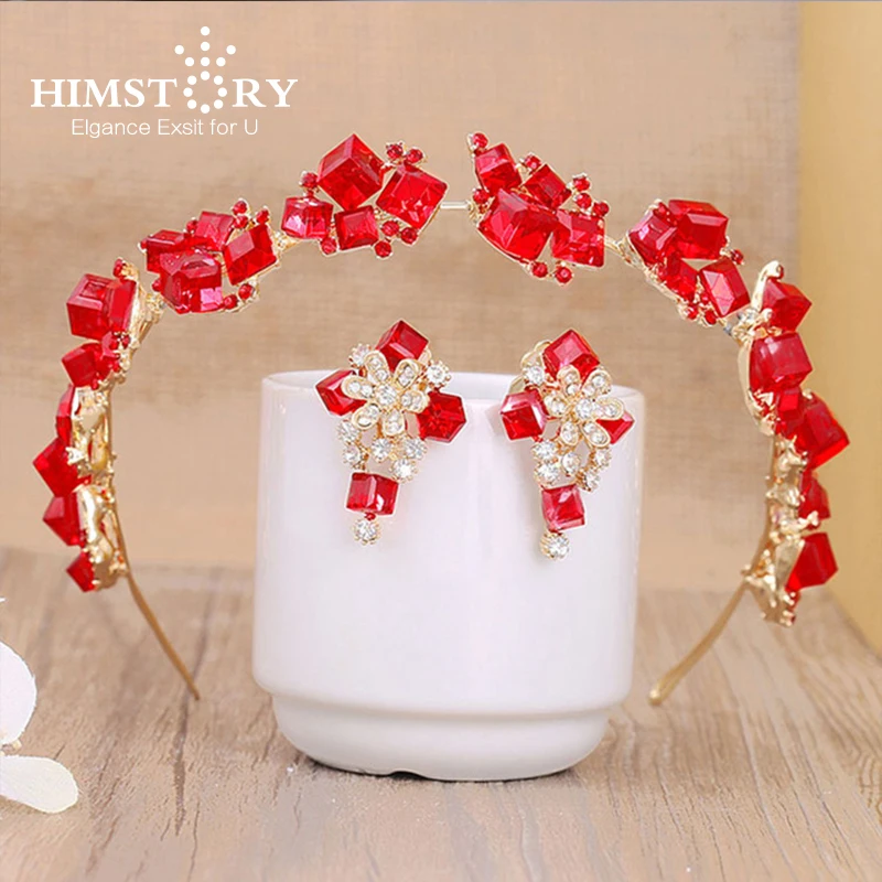HIMSTORY Red Cube Crystal Beaded font b Tiara b font Earrings Set Headband Wedding font b