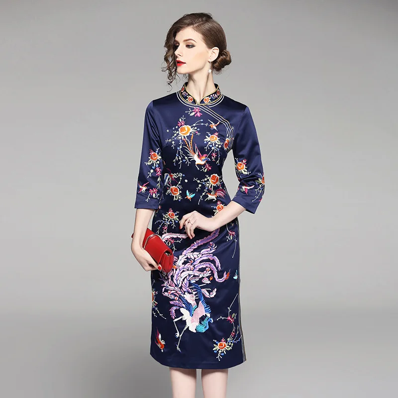 rose marine Mode Printemps 2018 Chaude Cheongsam Femmes Style Col Robes Apperal Chinois Fendu Broderie Robe Bleu Femme Mandarin Or De Mince qFqfUwH