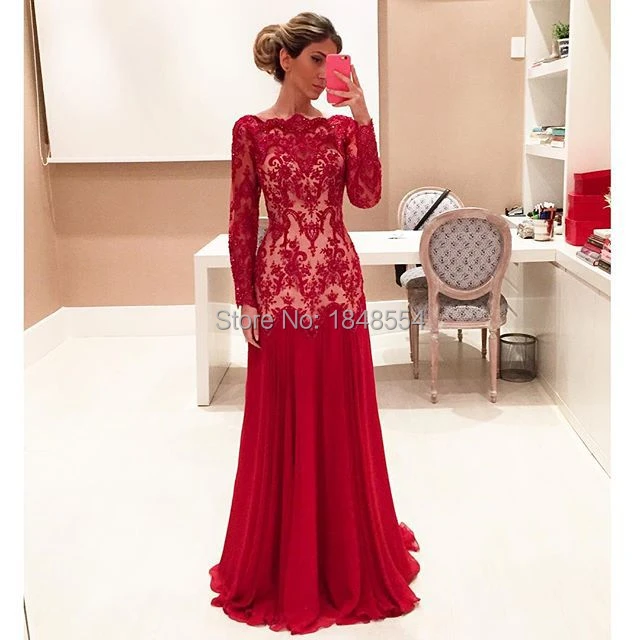 MZYE0267 completo top de manga larga de encaje apliques largo rojo traje de gala vestidos noche árabes vestidos|evening gown dresses|arabic evening gowns evening gowns - AliExpress