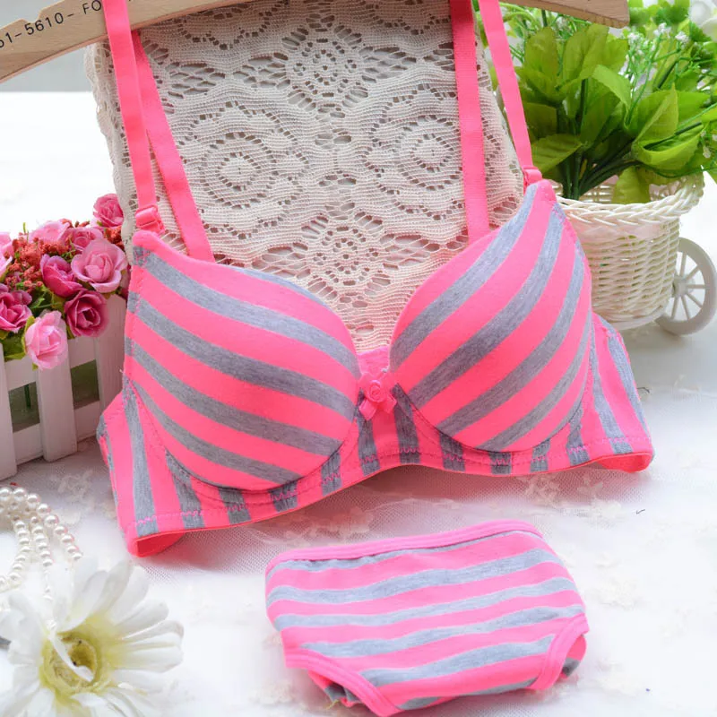 

2017 new Lolita cotton Summer Academy wind light stripes 3-breasted bamboo carbon fiber underwear bra suits cute bra