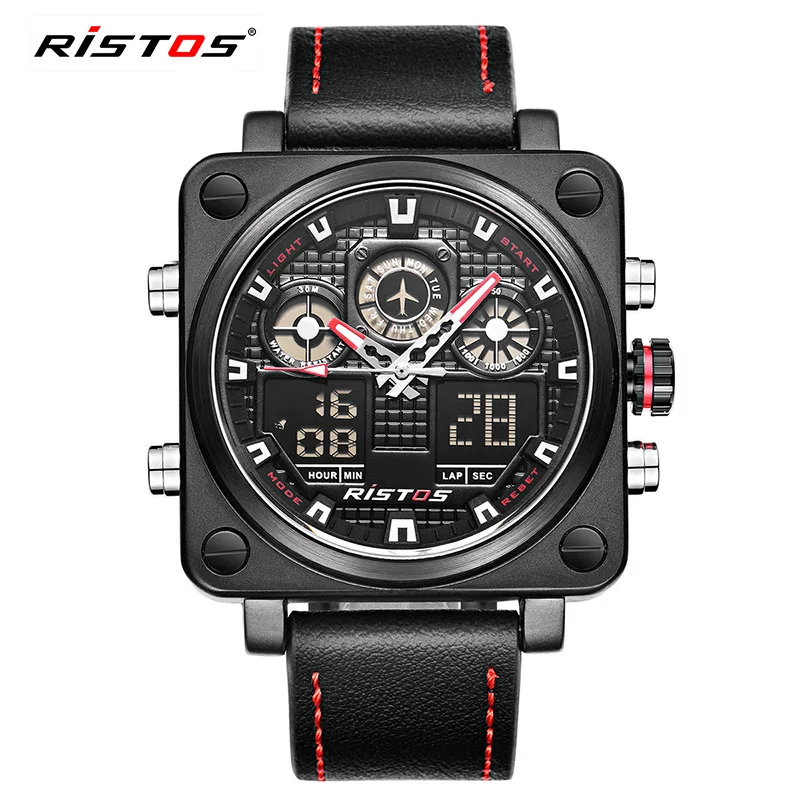 

RISTOS Chronograph Men Multifunction Sports Leather Watches Analog Fashion Wrist watch Relojes Masculino Hombre Army Unique 9343