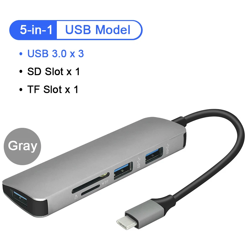 5 в 1 взаимный обмен данными между компьютером и периферийными устройствами C концентратор Тип C концентратор к HDMI USB 3,0 SD/TF Card Reader адаптер для MacBook samsung Galaxy S9/S8 huawei P20 Pro - Цвет: gray