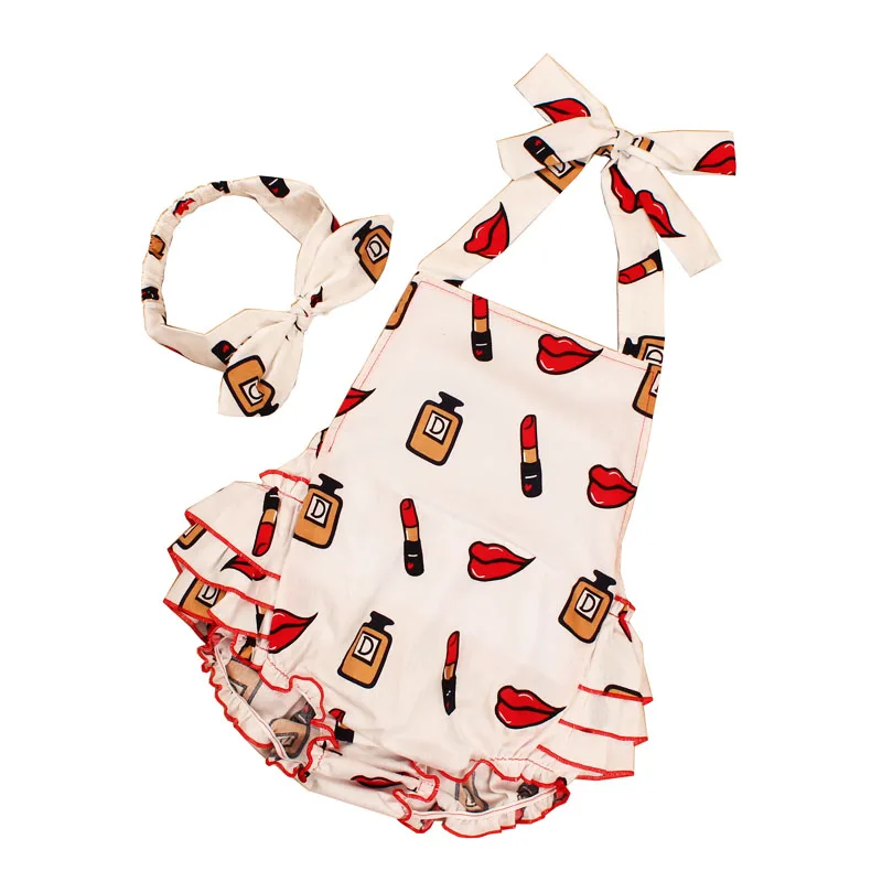 Cute Baby Girls Ruffled Cotton Rompers and Headband Set Lipstick Sleeveless Romper Little Girl Summer Clothes Baby Beach Set (7)