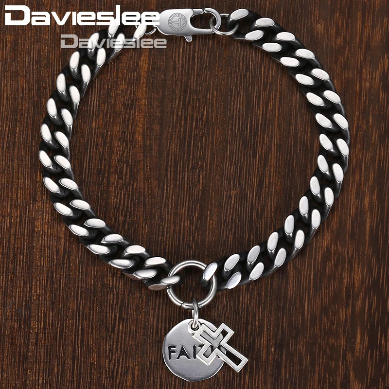 Браслет Davieslee для мужчин, Снаряженная кубинская цепь, крест, круглая вера, очаровательный из нержавеющей стали, серебряный тон, стильный мужской браслет DDB23