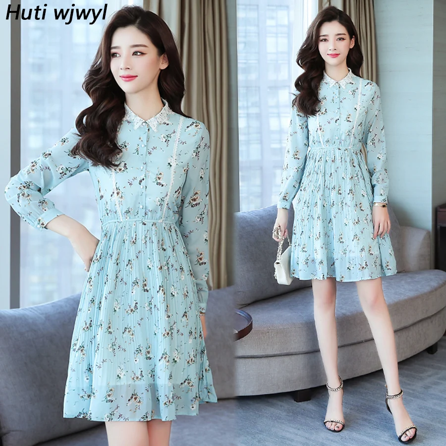 

2019 Korean Sweet Floral Chiffon Mini Dresses Summer Vintage Plus Size Blue Beach Sundress Women Bodycon Elegant Party Vestidos