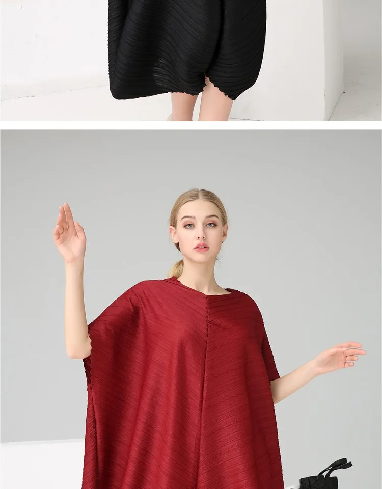 Changpleat летнее Новое свободное платье Miyak Плиссированное модное дизайнерское однотонное платье с рукавами «летучая мышь» большого размера с круглым вырезом и поясом женские платья