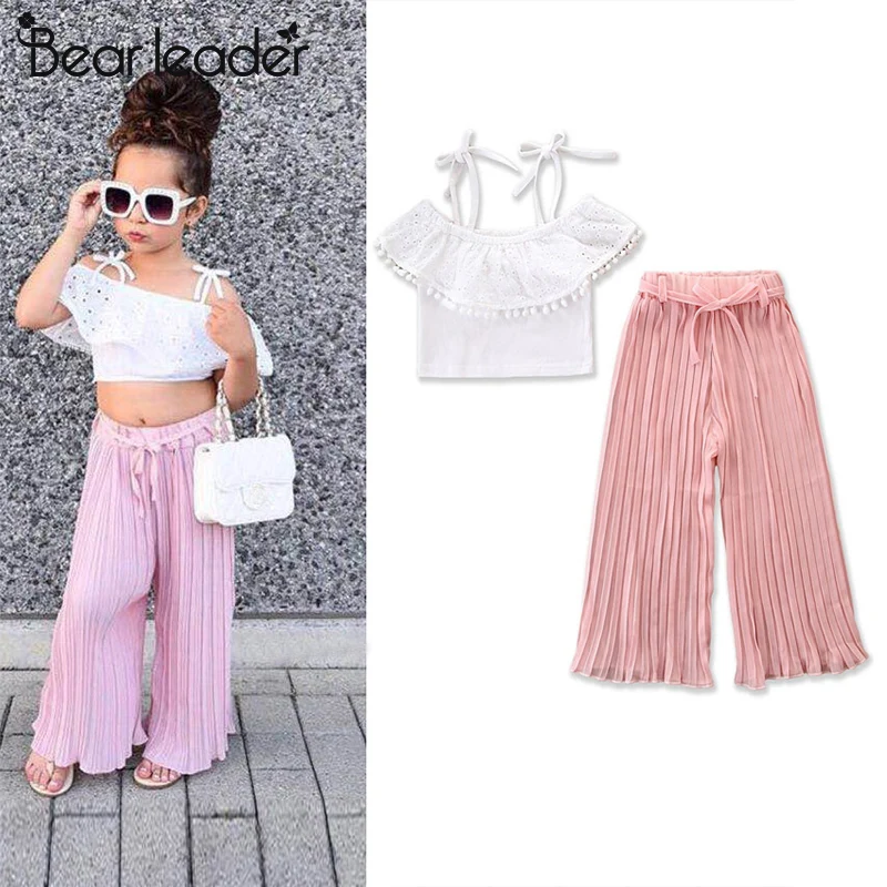

Bear Leader Girls Clothing Set 2019 Girls New White Sling Top + Pink Wide Stripe Pants 2pcs Set Girls Clothes Suit Kids clothes