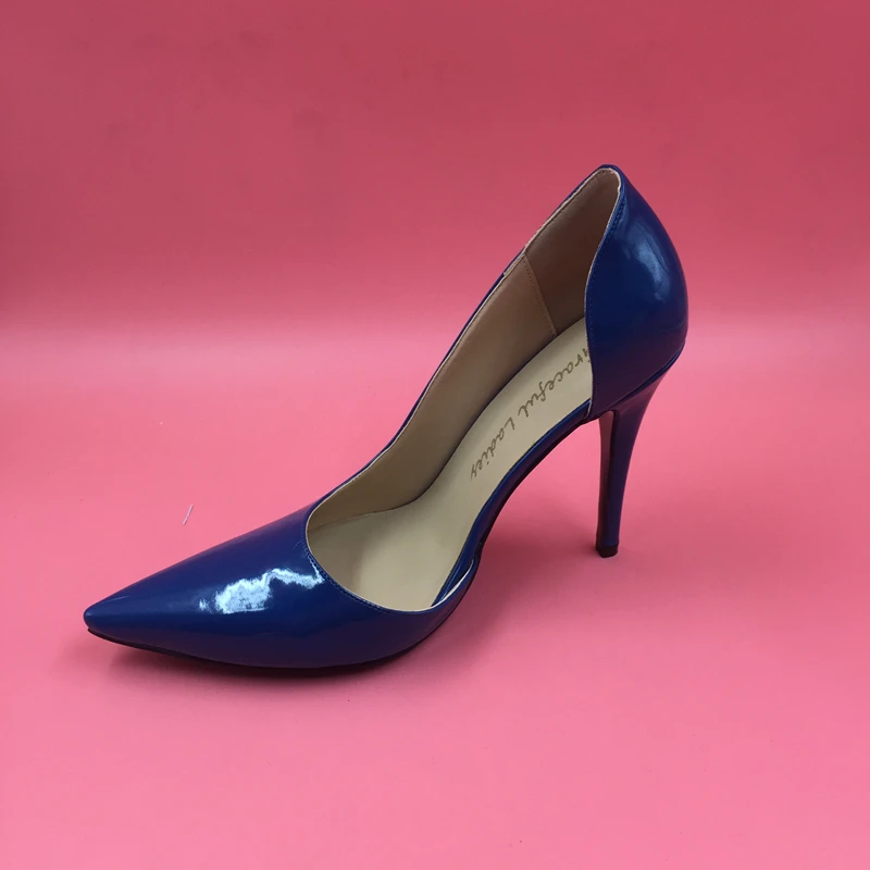 

Blue Pointed Toe OL Pumps Women Shoes With Patent Leather Stilettos High Heels Slip-on Fake Designer Shoes 2016 New Arrival