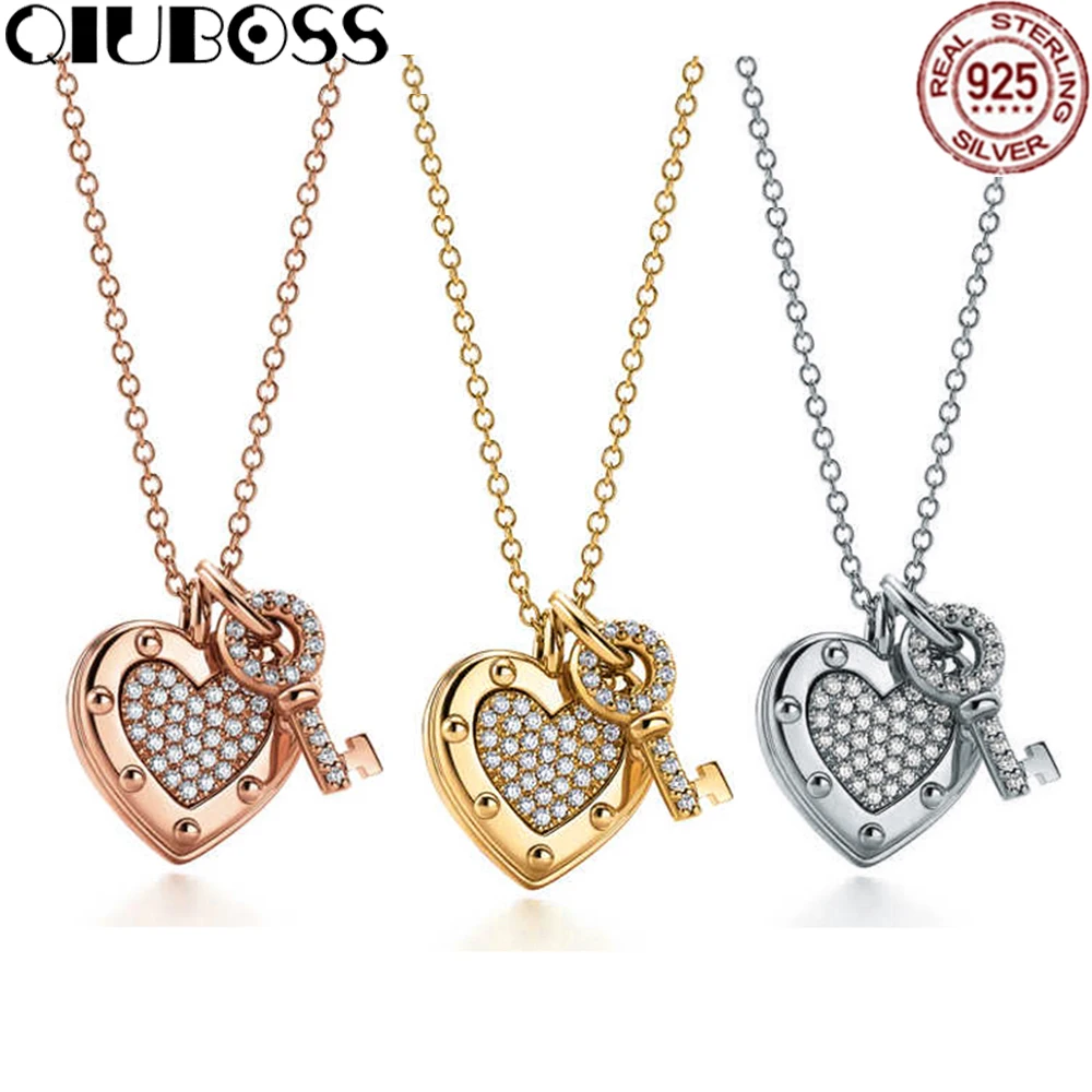

QIUBOSS TIFF 925 Sterling Silver 1:1 Genuine Brand New Lady Heart Charm Charm Clavicle Key Pendant Necklace Rose Gold Gold