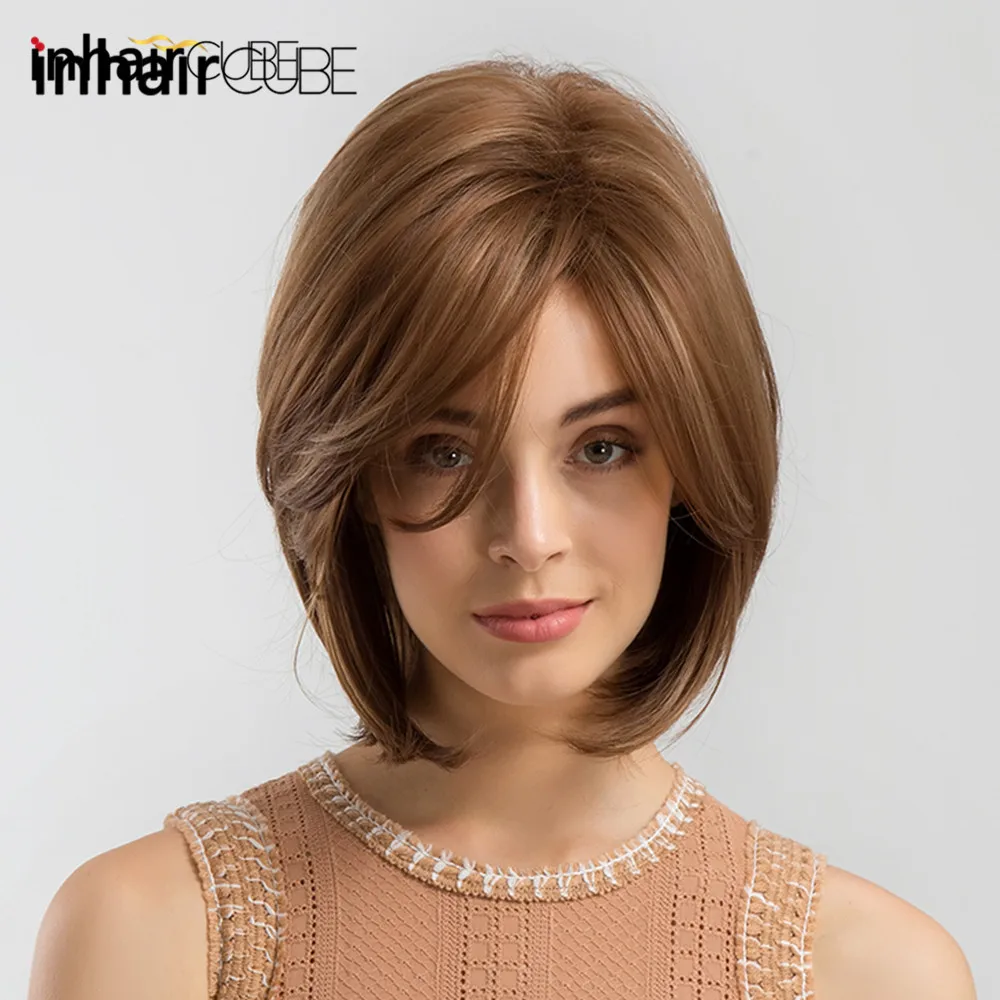 Kopen INHAIR CUBE Vrouwen Synthetische Pruiken Side Parted Hittebestendige Gemengde Kleur Steil Haar Pruik Blonde Medium Lengte Elastische Pruik Cap