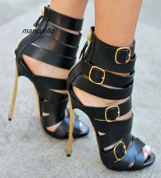 

Fancy Open Toe Metal Thin Heel Sandals Sexy Black PU Leather Cut-out Buckles Decorated Stiletto Heel Dress Sandals Hot Selling