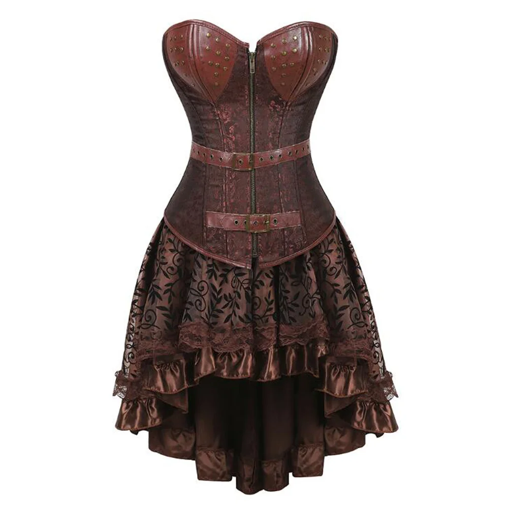 مثير حمالة جلدية اللباس الرجعية الملابس الفيكتوري Steampunk من النساء المخصر القوطية اللباس 2 قطعة مجموعة زائد حجم سخرية اللباس