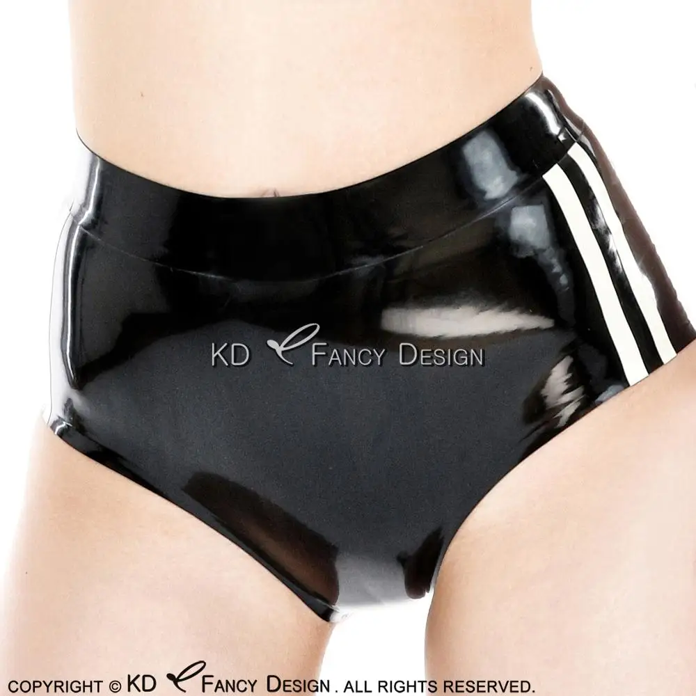 

Black with White Trims Sexy Latex Briefs With Stripes Rubber Underwear Shorts DK-0130