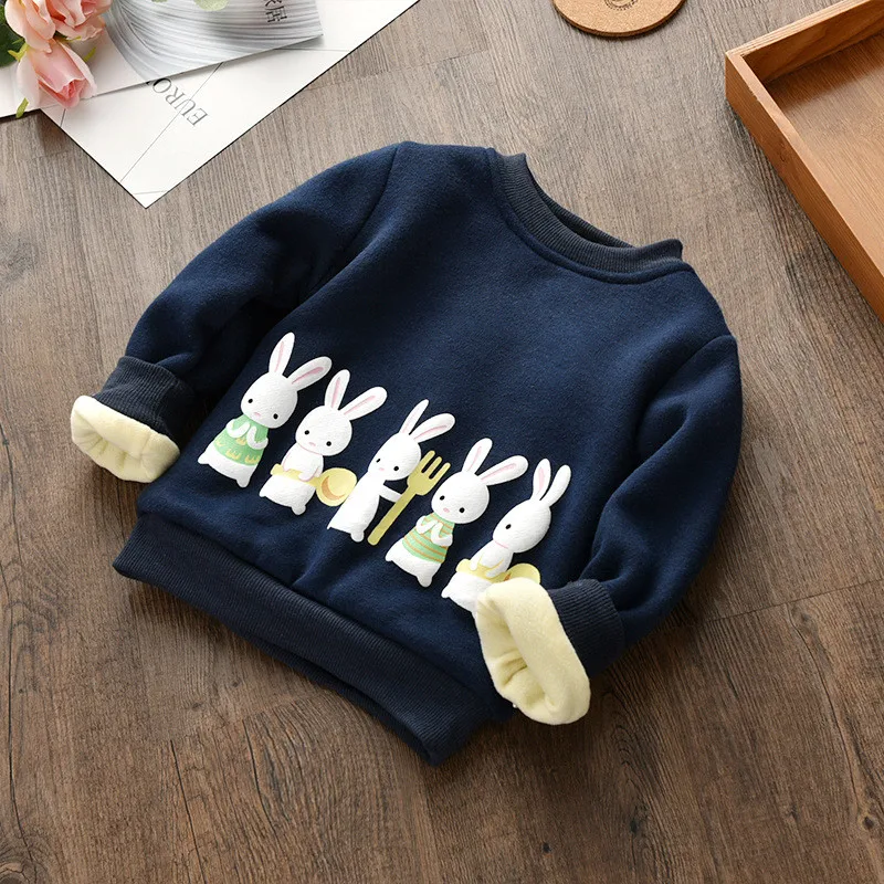 Толстовки для маленьких девочек хлопковые милые зимние футболки с кроликом и бархатной подкладкой; Лидер продаж; разноцветные футболки для девочек