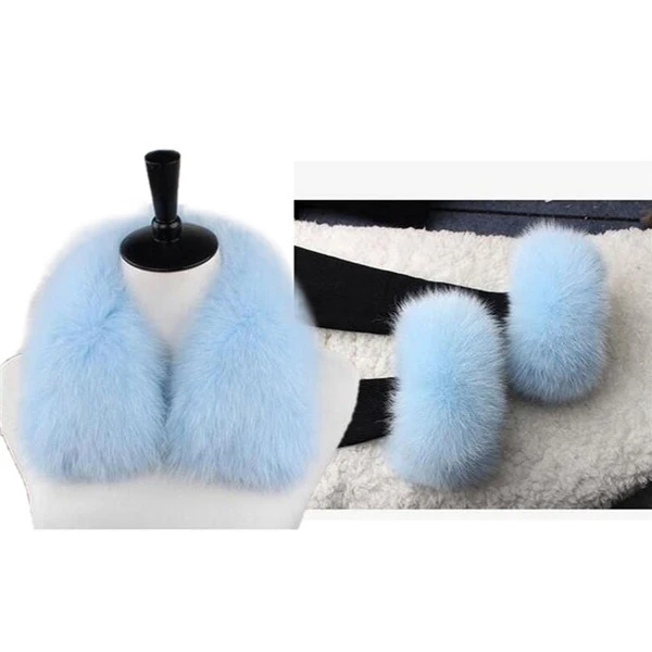 Light blue Женская теплая куртка с воротником, меховой воротник и рукава,, меховой шарф, натуральный Лисий мех, шарф с воротником, куртка L22 - Цвет: Light blue