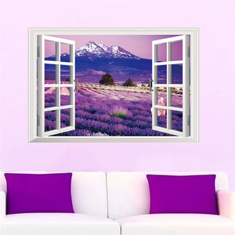 Fake Window Wall Decals Cherry Blossoms Lavender Pegatinas Infantiles Living Room 3D Landscape Wallpaper Fake Window