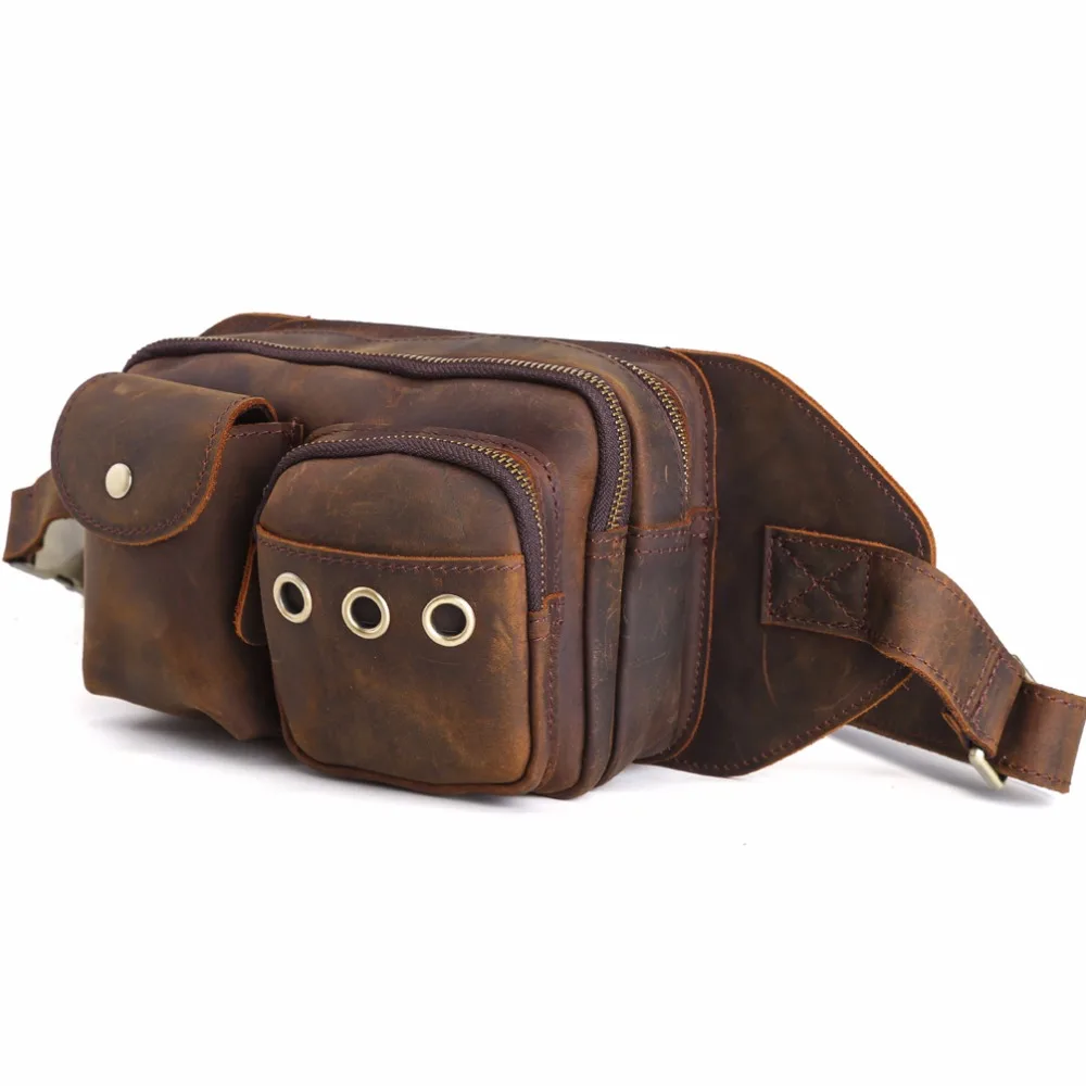 

2017 Handmade Cool Waist Bag Cowhide Leather Fanny Pack Travel Small Bag for iPad Mini Cell Phone and Small Necessities 30087