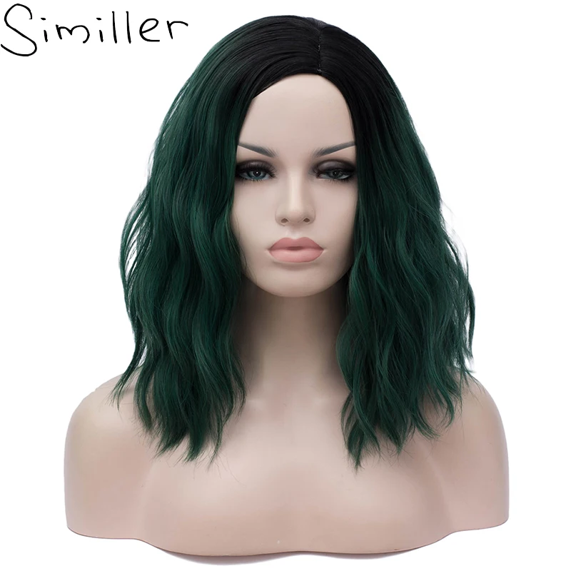 

Similler Short Curly Hair Synthetic Wigs Heat Resistant Carnival Party Masquerade Anime Cosplay Wig +Wig Cap Black T Green