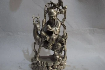 

China Fengshui copper silver God of Longevity Life Star On Deer & Peach Statue