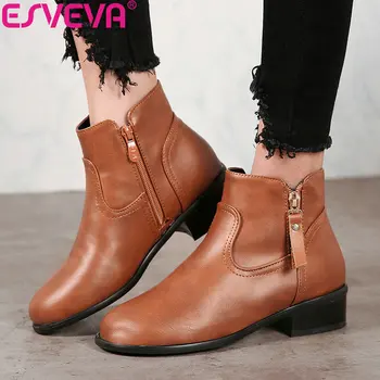 

ESVEVA 2019 Women Shoes Round Toe PU Square Heels Ankle Boots Winter Boots Zip Boots for Women Low Heels Classical Size 34-43