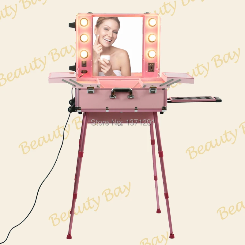 Popular pink aluminium aluminum makeup case with lights trolley