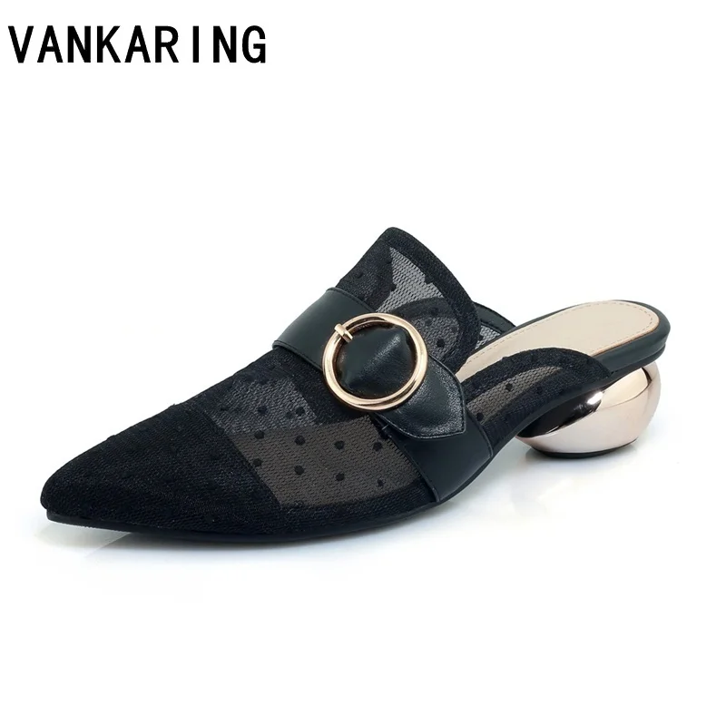 

VANKARING women shoes pointed toe sandals strange style heel middle heels new fashion buckle slip-on casual date black