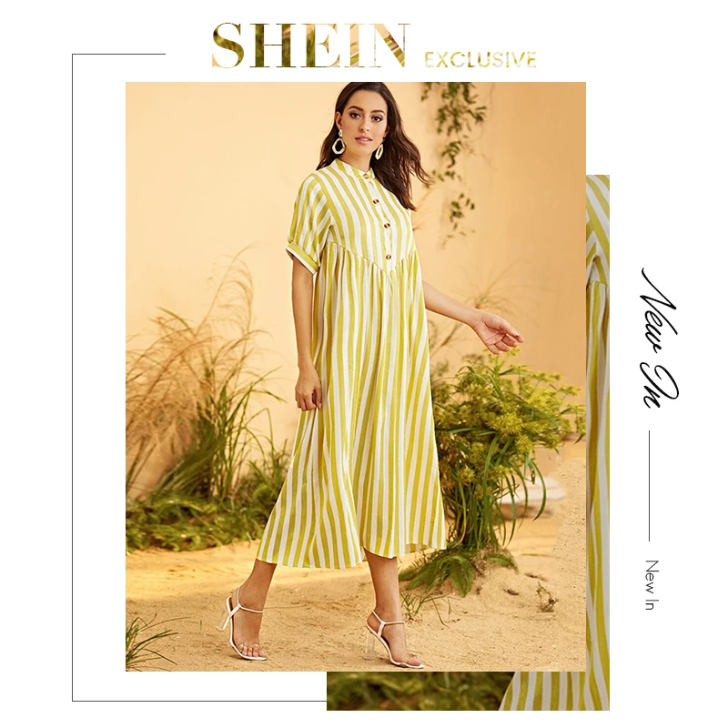 SHEIN, желтое, Полосатое, на пуговицах, половинная планка, макси, скромное платье, женское, лето, Осень, короткий рукав, высокая талия, плиссированные длинные платья