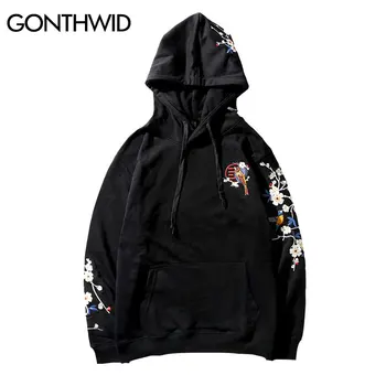 

2019 Embroidery Plum Flowers Bird Hoodies Men Winter Casual Hooded Sweatshirts Male Fashion Hip Hop Streetwear Hoodie Cotton