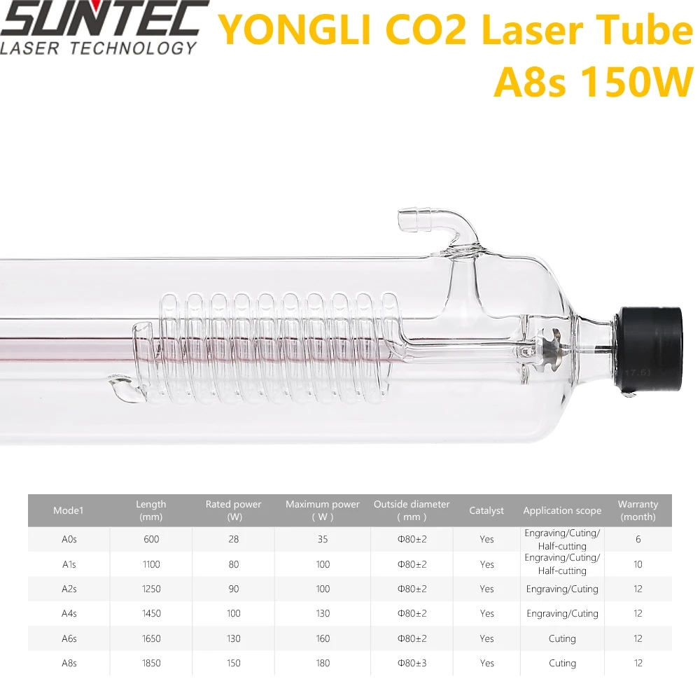 SUNTE YONGLI A8s 150W CO2 Laser Tube Length 1850 Dia. 80mm for CO2 Laser Engraving Cutting Machine With Wooden Case Box Packing