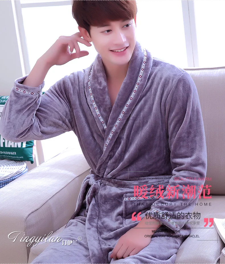 Pajamas Men's Thickened Flannel Male Winter Long Sleeved Bathing Nightgowns Women's Coral Fleece Adult Warm Homewear D-2097