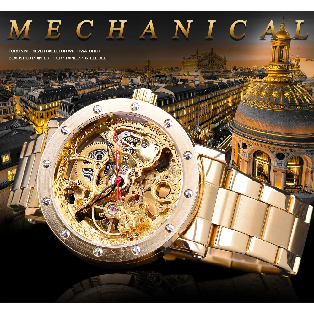Forsining модные полностью золотые часы цветок прозрачные часы черный красный указатель Мужские автоматические часы лучший бренд класса люкс