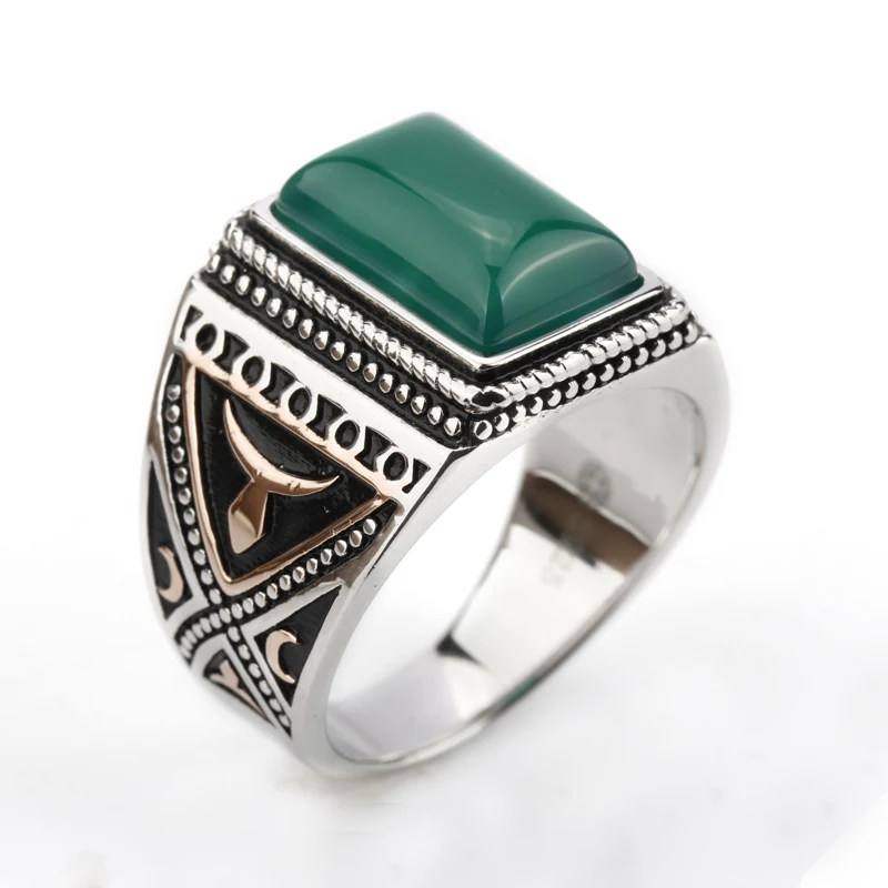 

925 Sterling Silver Men Ring With Setting Green Big Natural Stone Finger Ring Jewelry