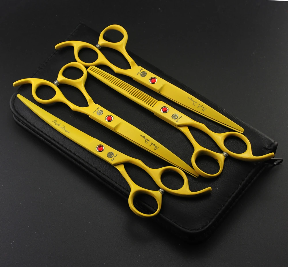 

Professional Pet Scissors Pet Grooming Scissors Set 7.0 inch Dog Hair Cutting Straight&Thinning&Curved Shears 4pcs Kits Yellow