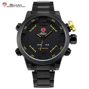 

Luxury SHARK Sport Watch LED Display Stainless Steel Black Yellow Date Day Alarm Quartz Tag Men Wristwatch Digital Clock / SH107